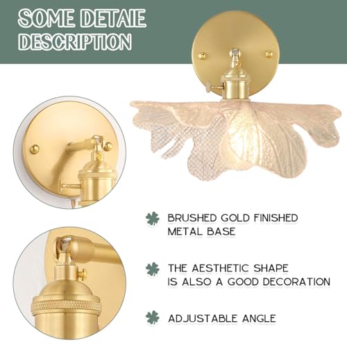 Image of Brass Vanity Light Brushed Gold Bathroom Light Fixtures - Clear Flower Glass Shade, Modern Hardwired Wall Sconce Retro Vanity Lighting for Over Mirror Bedroom Doorway Foyer Hallway