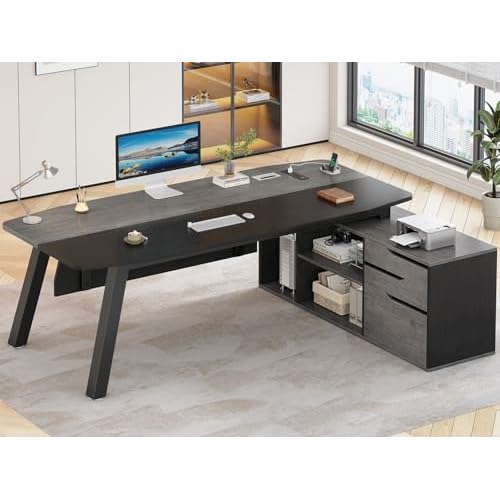 SEDETA 71" Executive Desk with File Cabinet, Large Office Desk with Drawers and Shelves, L Shaped Computer Desk with Power Outlets, Business Furniture