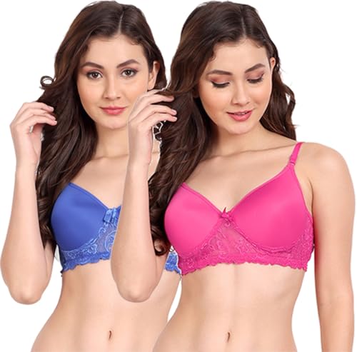 Image of FIMS - Fashion is my style Women Cotton Blend Lace Lightly Padded Bra Seamless Blue Dark Pink Size 38B