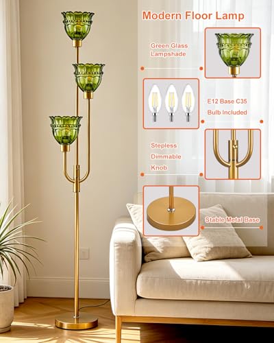 Image of Lightdot 66IN 3-Lights Modern Glass Floor Lamp Gold Dimmable Floor Lamps with 3000K Warm White Bulbs for Wedding Party Tall Standing Lamp with Green Glass Shade for Living Room /Bedroom /Home Decor
