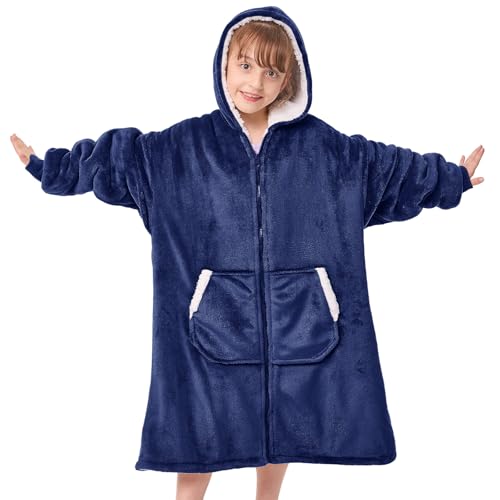 JOYWOO Kids Wearable Blanket Hoodie, Oversized Sherpa Hooded Blanket Birthday Christmas Gifts for Girl Boy, Cozy Sweatshirt Blankets with Giant Pocket and Zipper, Navy Blue