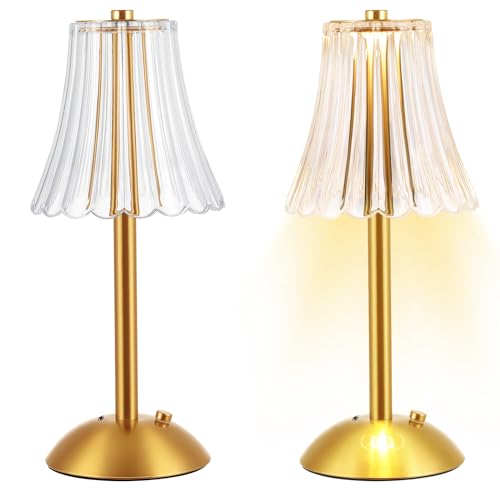 Liliful 2 Pcs LED Portable Cordless Gold Table Lamp Touch Battery Operated Rechargeable Desk Lamp 3 Color Dimmable for Bedroom Living Room Dining (Rose Style)