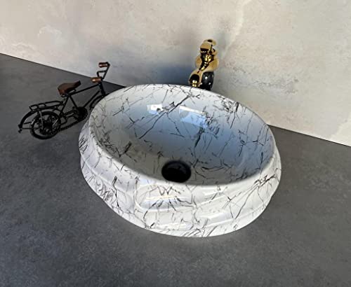 Image of Designer Glossy Finish Ceramic Art Table Top Wash Basin For Bathroom | Collapsible Countertop Washbasin (Black White Glossy Art, 16 x 13 x 6 Inch)