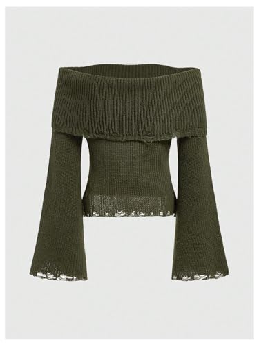 Women's Y2K Off The Shoulder Sweater Cottage Core Vintage Sweater Distressed Long Bell Sleeve Mushroom Knit Pullover2