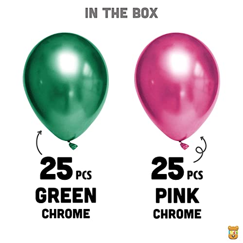 Image of Just Party 25Pcs Pink & 25Pcs Green Metallic Chrome Balloons with Shiny Surface For Birthdays /Anniversary /Engagement /Baby Shower /bachelorette Party Decorations (Pack of 50)