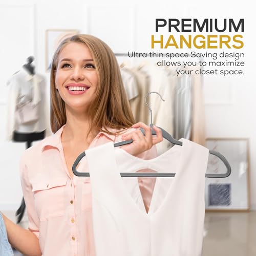 Image of Techzoo Premium Velvet Hangers 50 Pack Ultra Thin Non Slip Adult Felt Space Saving Slim Suit Hanger for Closet Heavy Duty Coat Pants Jackets Dress Hangers 360 Swivel Hook Hold Upto 10 lbs Gray