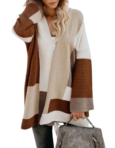Image of chouyatou Women's Fall Geometric Color Block Open Front Cardigan Sweater Elegant Casual Oversized Coatigan Coat