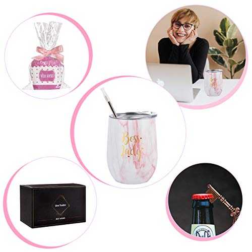 Boss Lady Wine Tumbler Cupcake Wine Socks Set, Bosses Day Christmas Gifts For Women Boss Female Friend Mom, 12 Oz Insulated Stainless Steel Winetumbler With Lid, Socks, Opener, Stopper, Pink Marble #TOP1