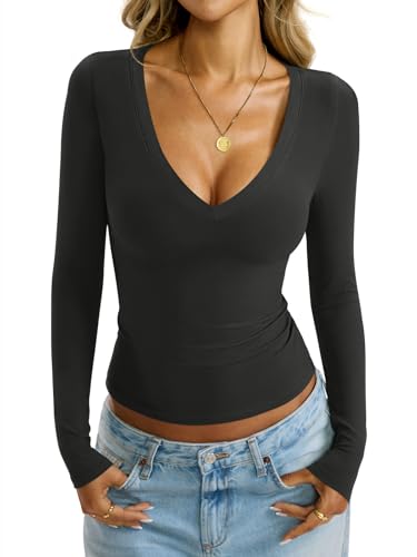 Womens Deep V Neck Long Sleeve Shirts Sexy Slim Fit Tops Basic Tees Fall Fashion Outfits Clothes 2025