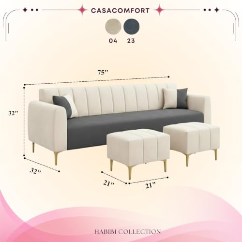 Image of Habibi 5 Seater L Shape Sofa Set with 2 Movable Ottomans | Flexible Layout | Rich Velvet Suede Fabric | Silver Legs | Dual Tone Modern Sofa for Living Room (Dark Grey-Cream)