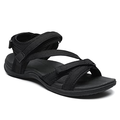 Megnya Soft Outdoor Hiking Sandals For Women, Non Slip Rubber Outsole Cushioned Slides With Hook Loop Straps Black Size 9 #TOP13