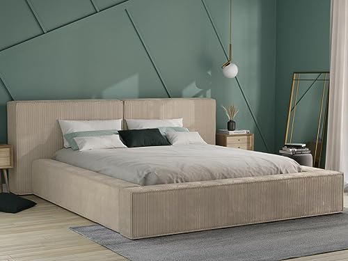 Venta-Unica - Cama con arcón 160 x 200 cm - Terciopelo Acanalado - Beige + Colchón - TIMANO