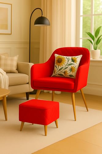 Image of Velvet Accent Chair with Matching Pouffe & Floral Cushion | Modern Upholstered Armchair with Gold Metal Legs | Lounge Chair for Living Room, Bedroom, Office, Guest Room (Red Diona)