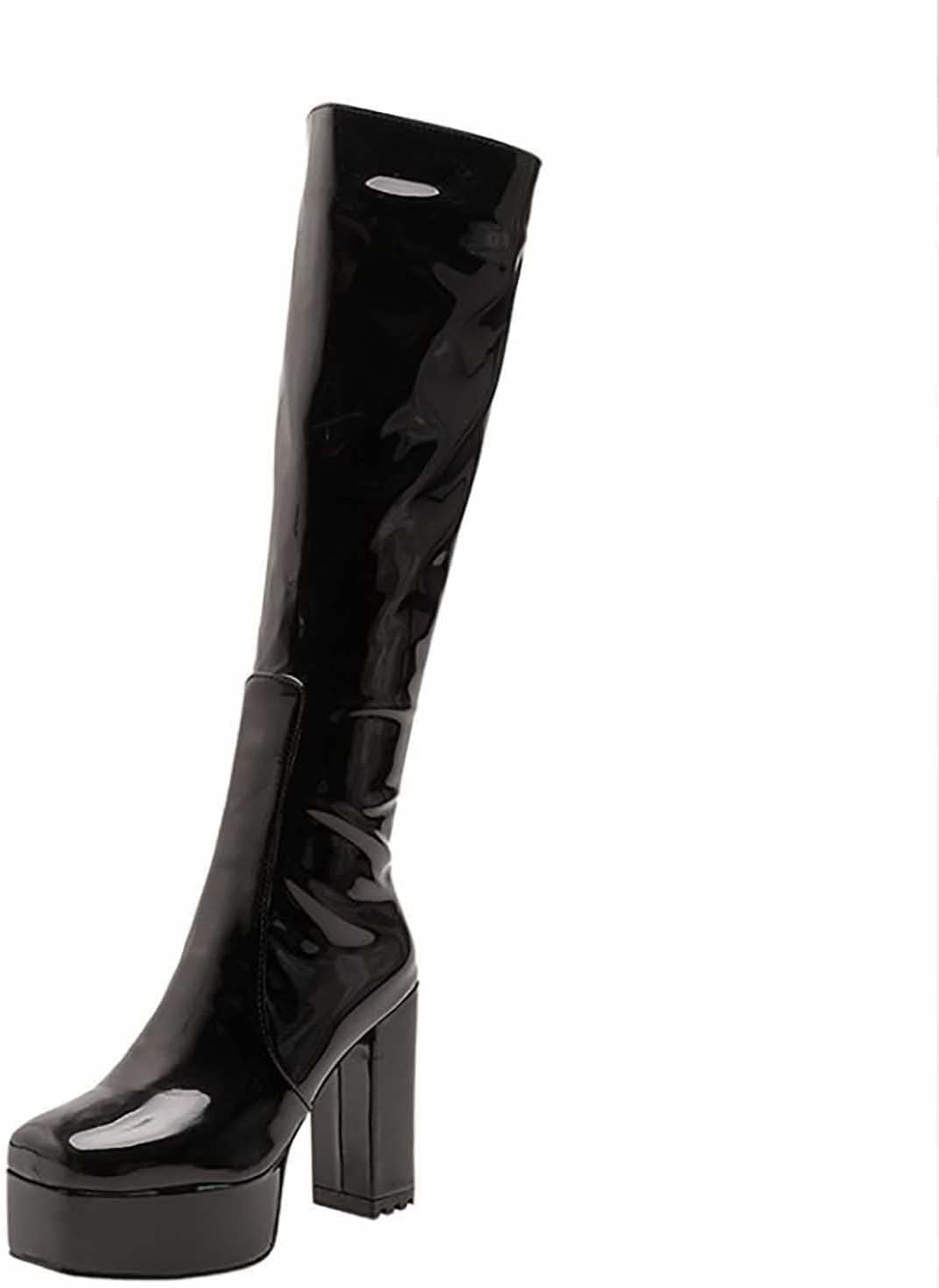 oiangi Over the Knee Boots for Women - Fashion Solid Square Toe Side Zipper Chunky Thick High Heel Platform Long Boots Fall Comfortable Casual Shoes