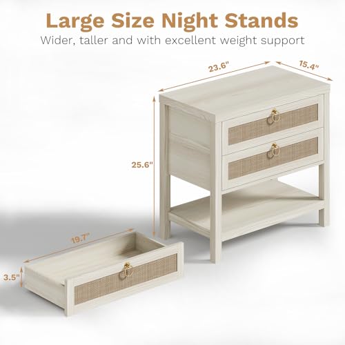 Image of Eclatara Large Rattan Night Stand Set of 2: Boho Nightstand with Drawers and Storage Shelf, White Bedside Table End Table Side Table for Bedroom(Cream White Oak,2 Pieces)