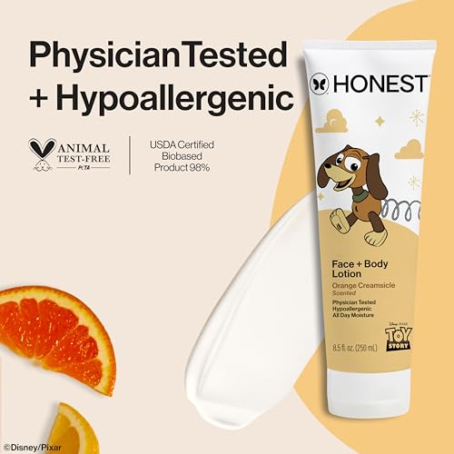 Image of The Honest Company Moisturizing Face + Body Lotion, Fast Absorbing, Dermatologist Tested, Hypoallergenic, Disney and Pixar's Toy Story, Orange Creamsicle