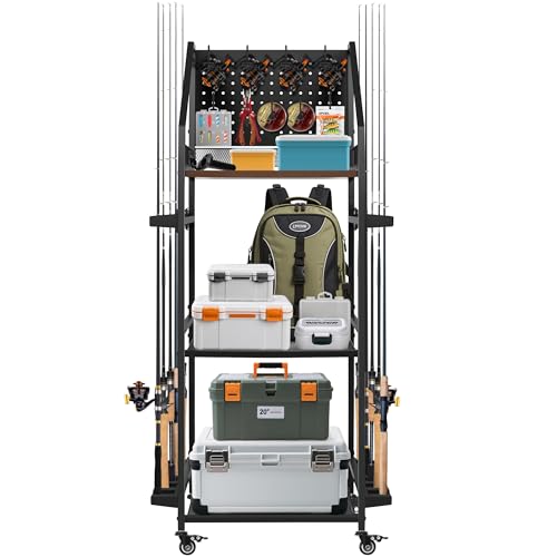 Greenecocs Fishing Pole Holders for Garage,3 Tiers Fishing Rod Rack,Holds up to 12 Rods,Fishing Organizer with Pegboard&Hooks&Lockable Wheels,Fishing Pole Storage for Reel Combos/Tackle/Fishing