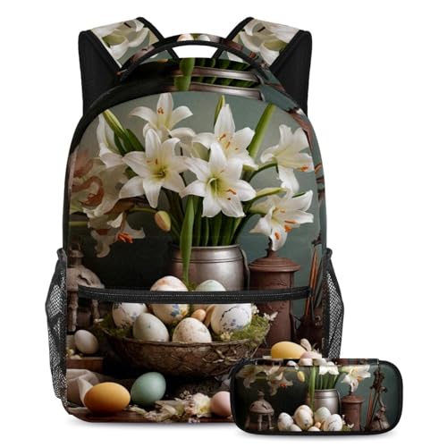 Ensemble sac à dos et trousse motif œufs de lys de Pâques blancs