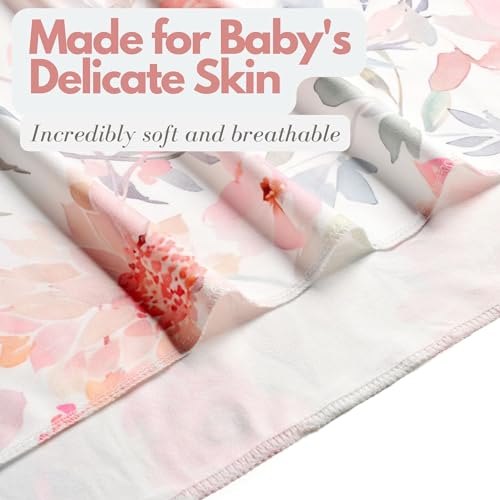 Image of Newborn Baby Girl Receiving Blanket Swaddle Blanket Stretchy Knit Swaddle Set with Matching Headband Beanie with a Name Card (Pink Floral Ink Leaf)