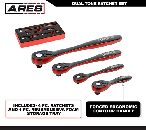 Image of ARES 42050 4-Pc 72-Tooth Ratchet Set - Black /Red, Quick Release Reversible