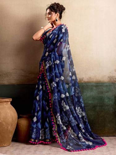 Image of AKHILAM Women's Cotton Printed Saree With Unstitched Blouse Piece