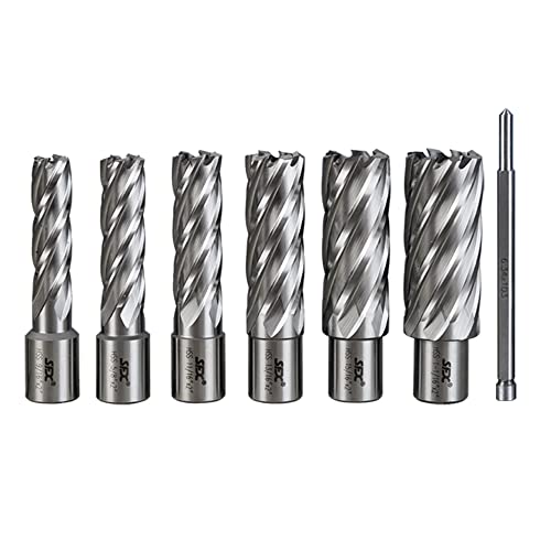 Image of YXHTOOLS HSS Annular Cutter Set 6 pcs Cutting Depth 2" 3/4 Inch Weldon Shank and Diameter 9/16”,5/8”,11/16",13/16", 15/16",1-1/16"with 1 Pilot Pins for Drill Press Standard,Magnetic Drill Press