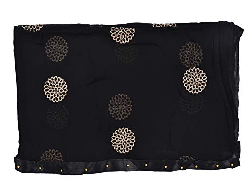 Image of YOUTHQUAKE Golden Floral Embroidery Work Chiffon Dupatta for Womens & Girls with Fancy Moti Lace