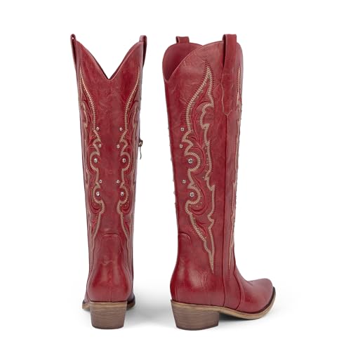QIY Red Cowboy Cowgirl Boots for Women Knee High Cowgirl Rhinestone Sparkly Western Embroidered Tall Cowboy Boots Womens with Chunky Low Heel Pointed Almond Toe Side Zipper Red Size 6.5 — view 5