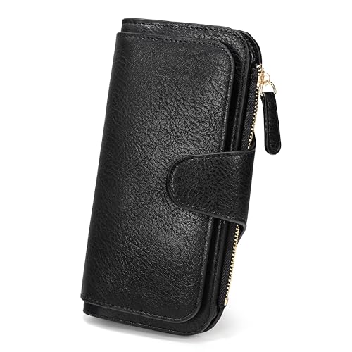 Uromee RFID Wallet for Women PU Leather Leaf Pendant Card Holder Phone Checkbook Organizer Zipper Coin Purse