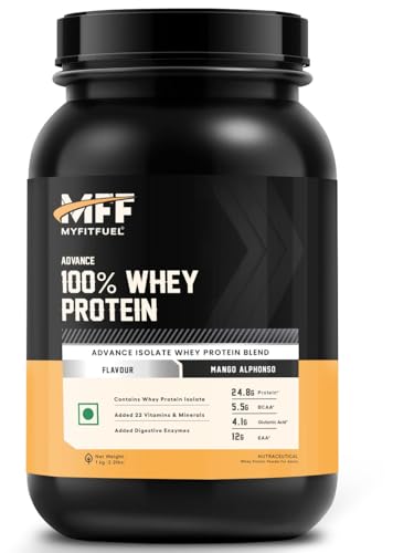 Image of MyFitFuel Advance Mff 100% Whey Protein, with Digestive Enzymes an Multi-Vitamins (Mango Alphonso, 1 Kg) 28.5 Servings