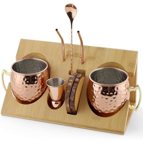 Barillio Moscow Mule Mugs Set - 2 Stainless Steel, Copper-Plated Cocktail Mugs with Bamboo Stand - Food-Safe, Moscow Mule Kit with Copper Cups, Drinking Straws and Mixing Spoon - 2 x 18 Oz Cover