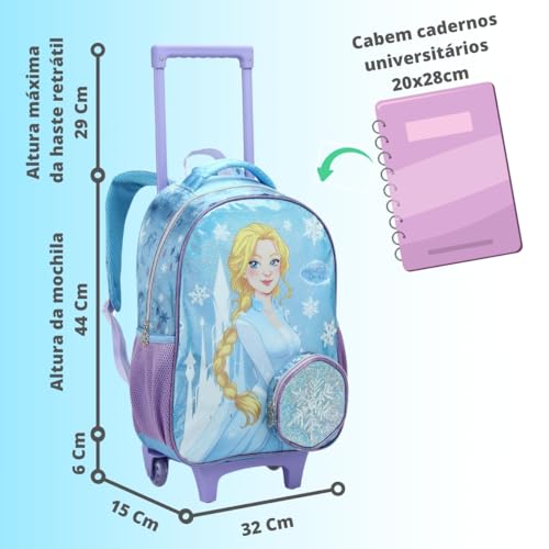 Kit Mochila Infantil Com Rodinha Menina Sereia Princesa Escolar Lancheira e Estojo Bolso Frontal (Pr