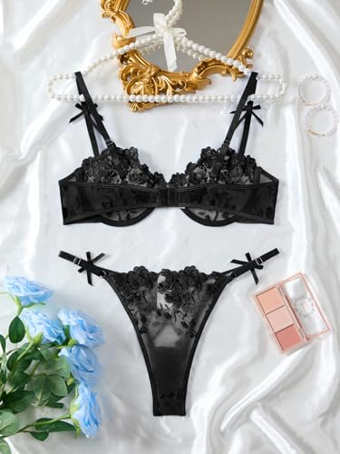 Image of Lilosy Sexy Underwire Cute Push Up Strappy Embroidered Mesh Sheer Lingerie Set See Through Panty Bra