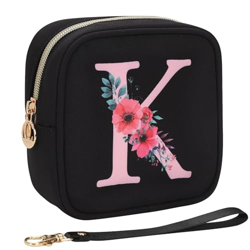 Relavel Initial Mini Makeup Bag for Girls, Small Makeup Bag for Purse with Zipper ＆ Removable Handle, Portable Makeup Pouch Lipstick Skincare Bag, Small Gift Cosmetic Bags for Women Girls(Black K)