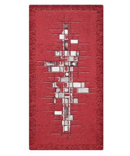 Pierre Tappeti Tapis PIXEL rouge design géométique moderne, design contemporain, tapis de cuisine multi-usages lavable, antidérapant, 55 x 140 cm