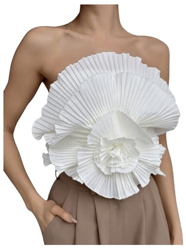 OYOANGLE Women's 3D Flower Decor Strapless Sleeveless Bandeau Top Slim Fit Solid Cropped Tube Tops