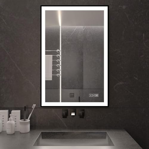 HAUSCHEN HOME Led Lighted Bathroom Mirror,24x36 inch Black Framed Front Lit Wall Mounted Makeup Vanity Décor Illuminated Mirror,Anti-Fog,3 Colors,Dimmable,CRI95,Horizonal & Vertical,ETL Listed