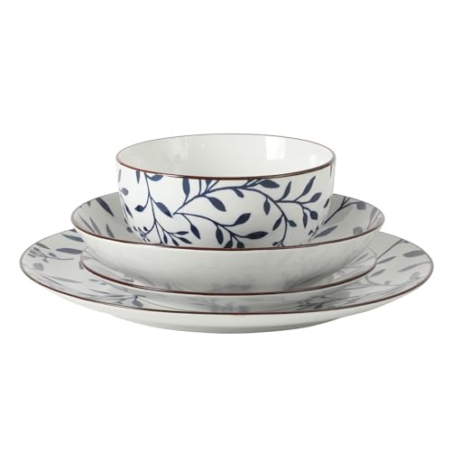 Image of Gibson Home Palace Suite 16-Piece Dinnerware Set, Blue Floral Stoneware Plates & Bowls, Service for 4, Round Durable Everyday Dish Set