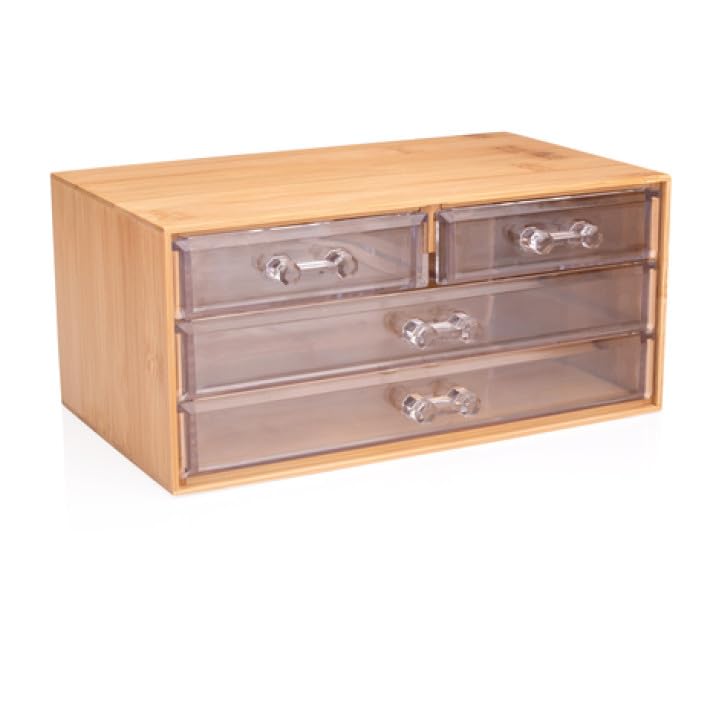 UMKY Home Kit Compact Storage Wood and Plastic Cosmetic Box Organizer with 4 Drawers for Brushes Hairpins Eyeliner Lipstick Ideal for Dressing Table and Vanities - Image 2
