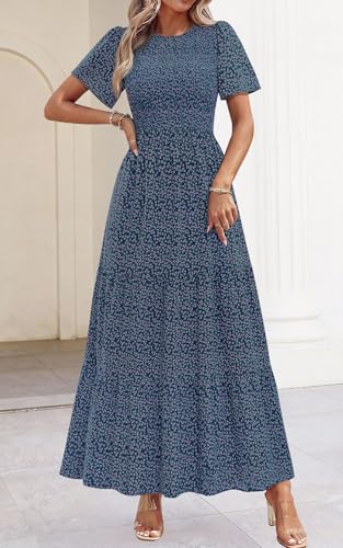 Image of PRETTYGARDEN Women's 2026 Summer Casual Flutter Short Sleeve Boho Floral Maxi Dress Crew Neck Smocked Tiered Long Dresses