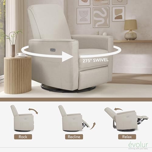 Image of Evolur Harlow Upholstered Power Glider Recliner with USB Charging - Rocking & 275 Swivel with Smooth Glide - Greenguard Gold & FSC Certified - Modern Nursery and Living Room Chair in Light Sand