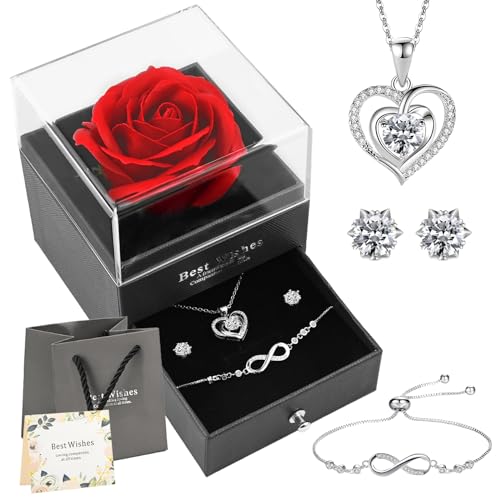 Ewige Rose Schmuckset, Herz Silberkette Ohrringe Armbänder Geschenkbox, mit Grußkarte & Geschenktasche, Überraschung & Viel Liebe, Muttertag Valentinstag Geburtstag Unvergessliches...
