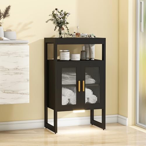 Bathroom Floor Storage Cabinet Freestanding Organizer with Sensor Light & Acrylic Doors for Bathroom, Home Office, Bedside, Sofa Side Table Black 2 Doors Medium