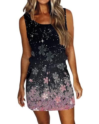 Image of AUSELILY Womens Summer Dress Casual Sleeveless Drawstring Short Dresses | Adjustable drawstring waist for a custom fit, plus 2 side pockets-perfect beach-to-street sundress