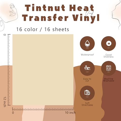Image of Tintnut Nude Color Heat Transfer Vinyl,16 Sheets 12x10in Iron on Vinyl | Neutral earthy tone PU HTV sheets,easy cut & weed,stretch washable,works with iron & heat press for handmade crafts