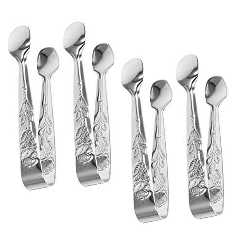FUNOMOCYA 4pcs Sturdy Stainless Steel Sugar Cube Tongs Embossed Ice Cube Tong for Cocktails Daily Use Mini Tong Tool Rose Pattern Cookie Tongs