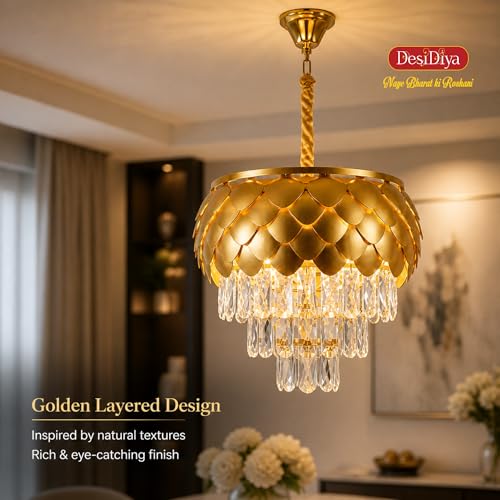 Image of Desidiya Golden Crystal Chandelier 400MM 3-Tier LED Ceiling Light | Luxury pineapple-inspired golden chandelier with premium K9 crystal droplets for elegant modern interiors.