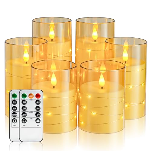 Image of Amagic Flameless Candles, Flickering Battery Operated Candles Embedded Fairy String Light, Realistic Pillar Candle with Remote Control and Timer, Acrylic Amber Gold, Set of 6, D3 x H4 5 inch 6 inch