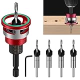 BIGP 4-tlg Kegelsenker Bohrer Set mit Tiefenanschlag | 1/4" Hex Schaft HSS-M2 | Für präzise Senkbohrungen in Holz (2,8/3,2/3,5/4,0 mm) | Inkl. Bit-Halter & Sechskantschlüssel (Rot)