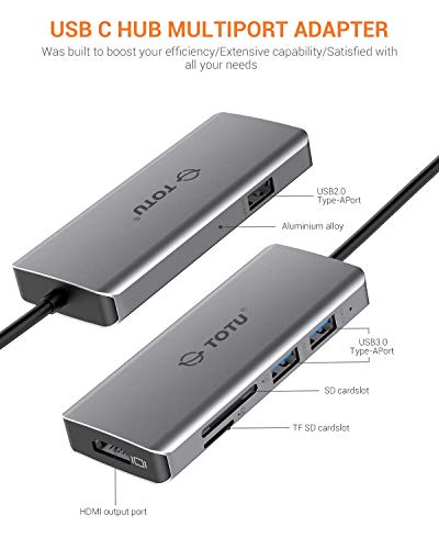 USB C Hub, TOTU 6-in-1 Type C Hub with 2 USB 3.0 Port,1 USB 2.0 Port,4K HDMI,SD/TF Card Port,Compatible for MacBook/Pro/Air 2016/2017/2018 and More USB C Devices (Gray) - Thumbnail 2